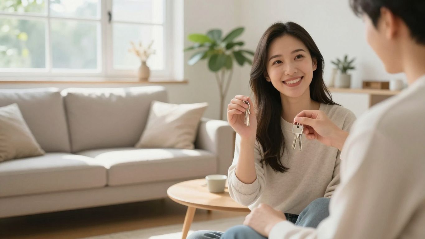 Persona sonriente con llaves en una sala de estar luminosa.