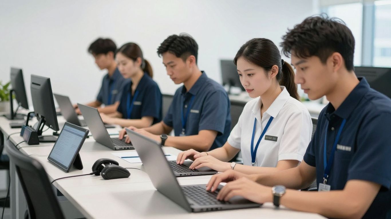Small service company staff using digital devices