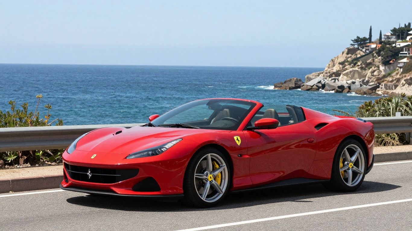 Red Ferrari Portofino on a scenic coastal road.
