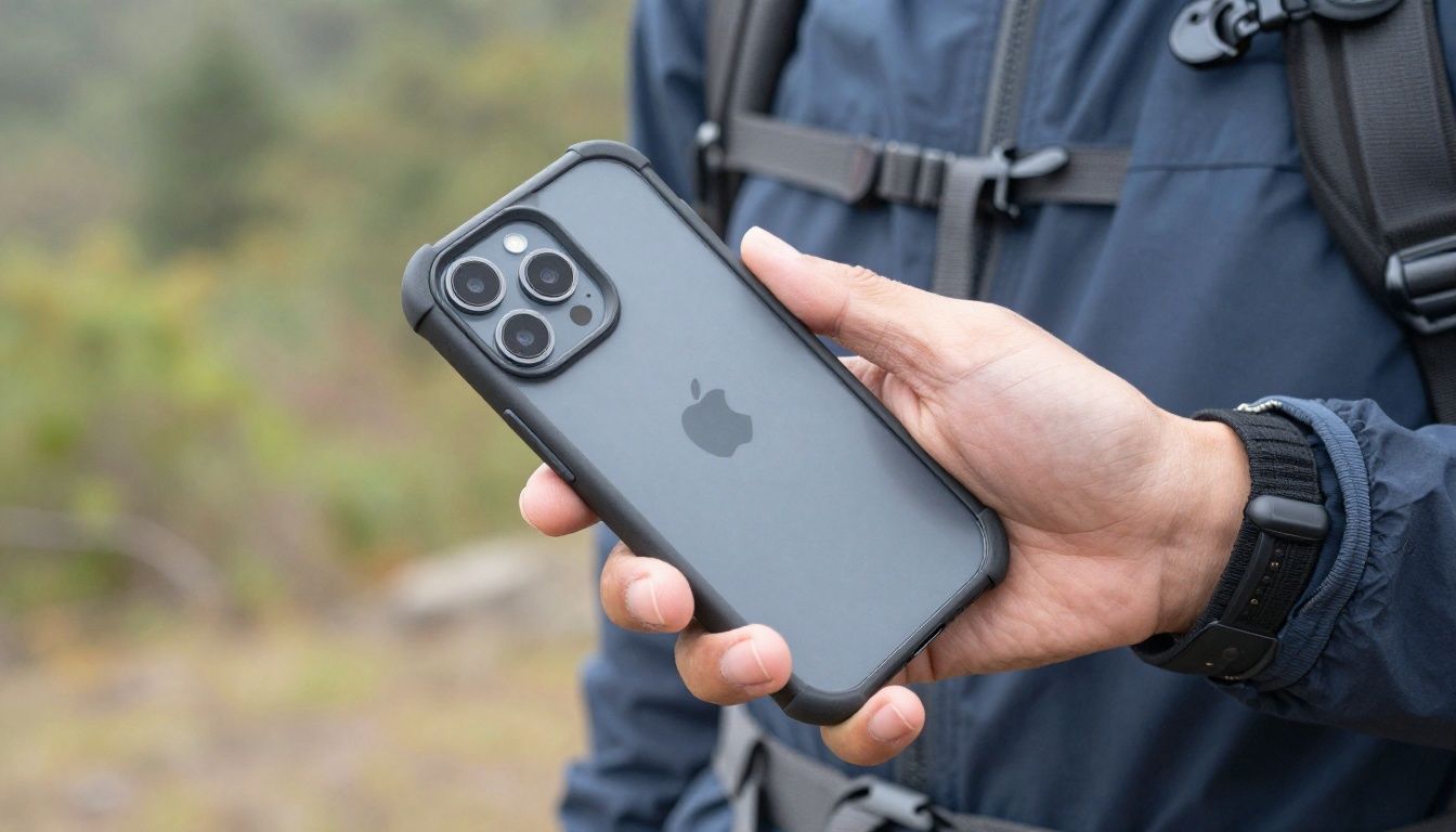 A person hiking in the Blue Mountains, carefully checking their iPhone 16 Pro Max which is in a sturdy case.
