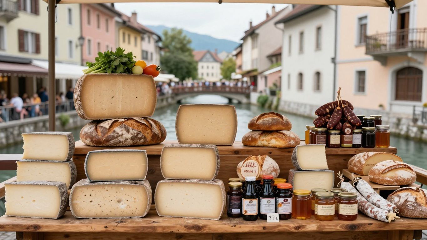Savoyard cheeses and produce at market stalls