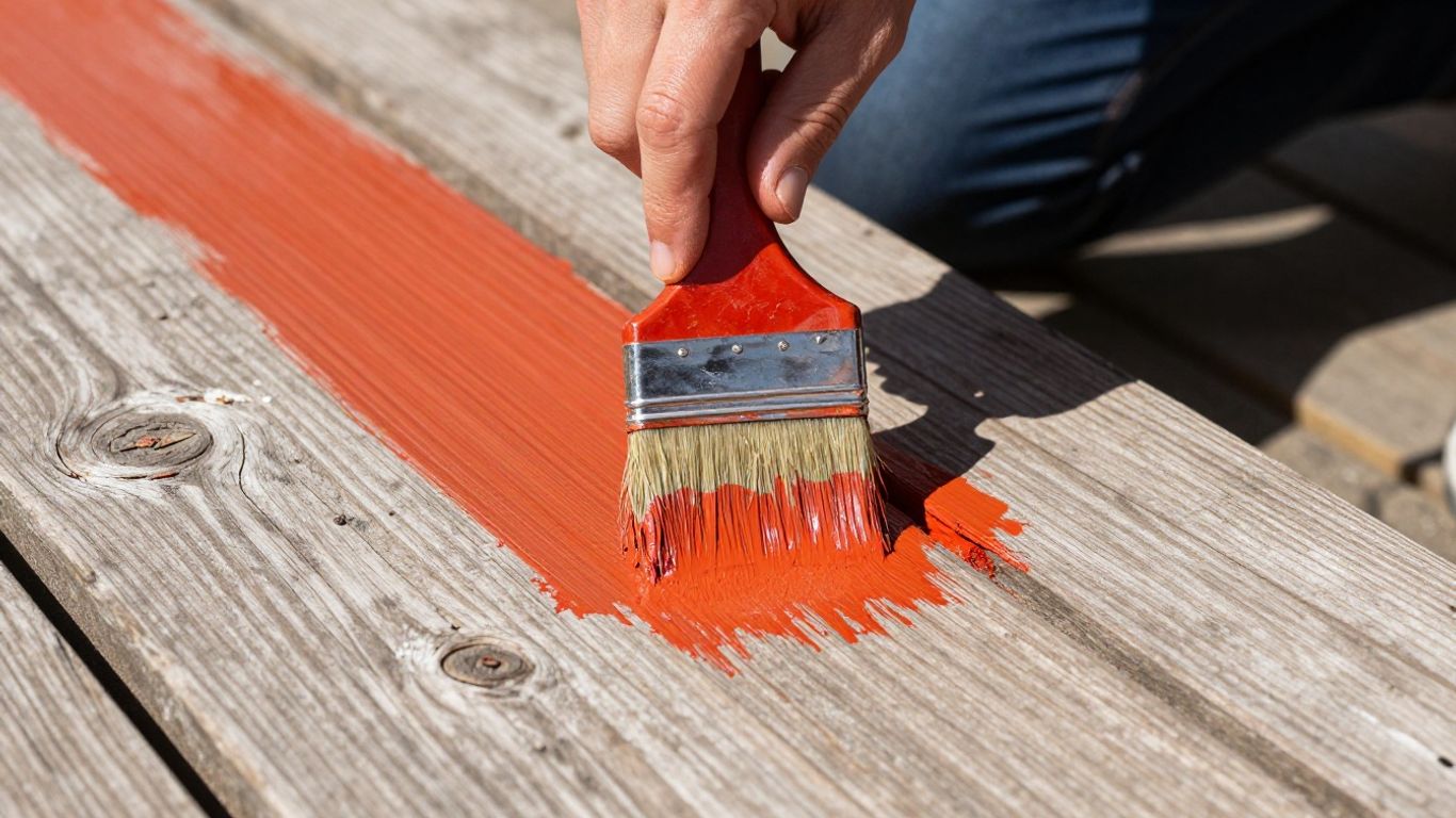Painter applying fresh paint to a wooden deck.