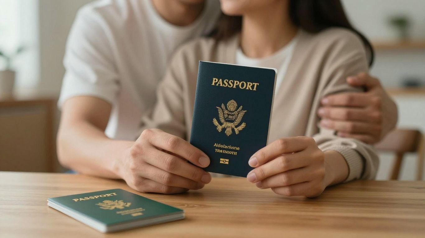 Pareja feliz con tarjeta verde y pasaporte de EE. UU.