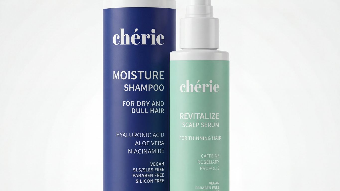 Two bottles of Cherie hair products: moisture shampoo and scalp serum.