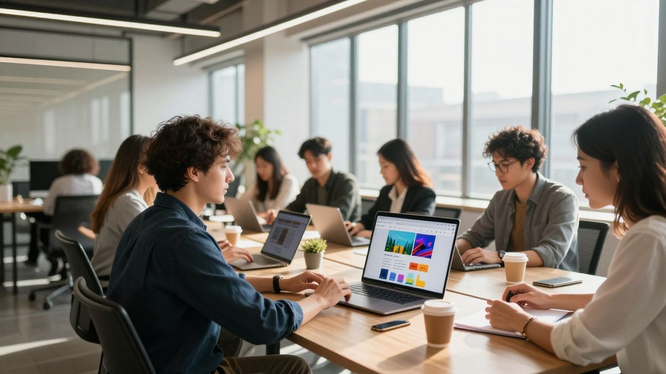 Business professionals collaborating on e-commerce web development.