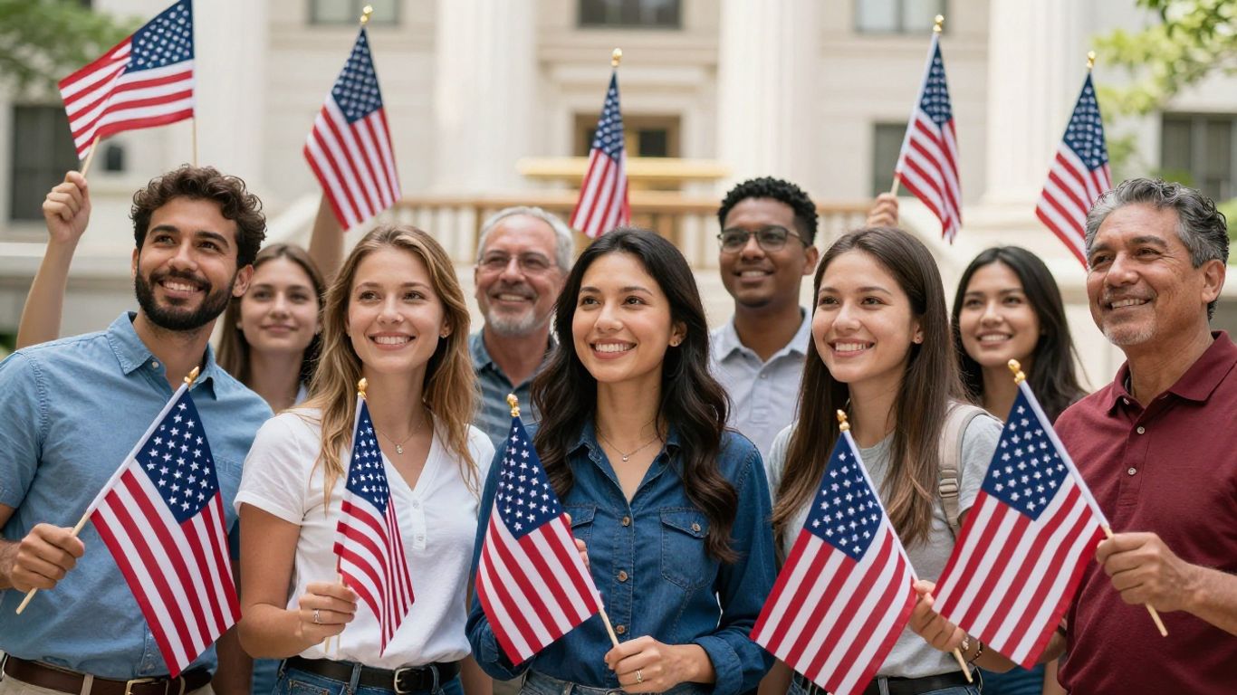 Personas celebrando la ciudadanía americana con banderas.