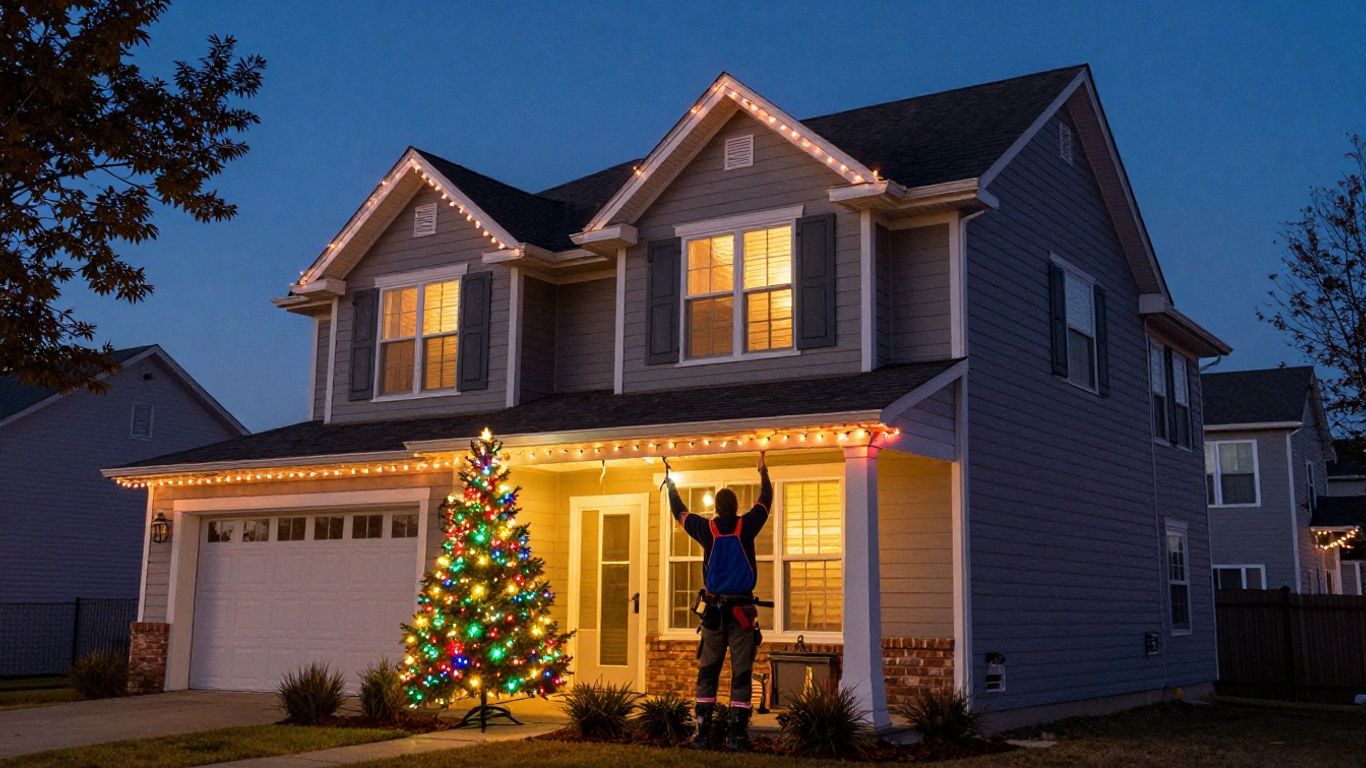 Professional Christmas lights installation on a house exterior.