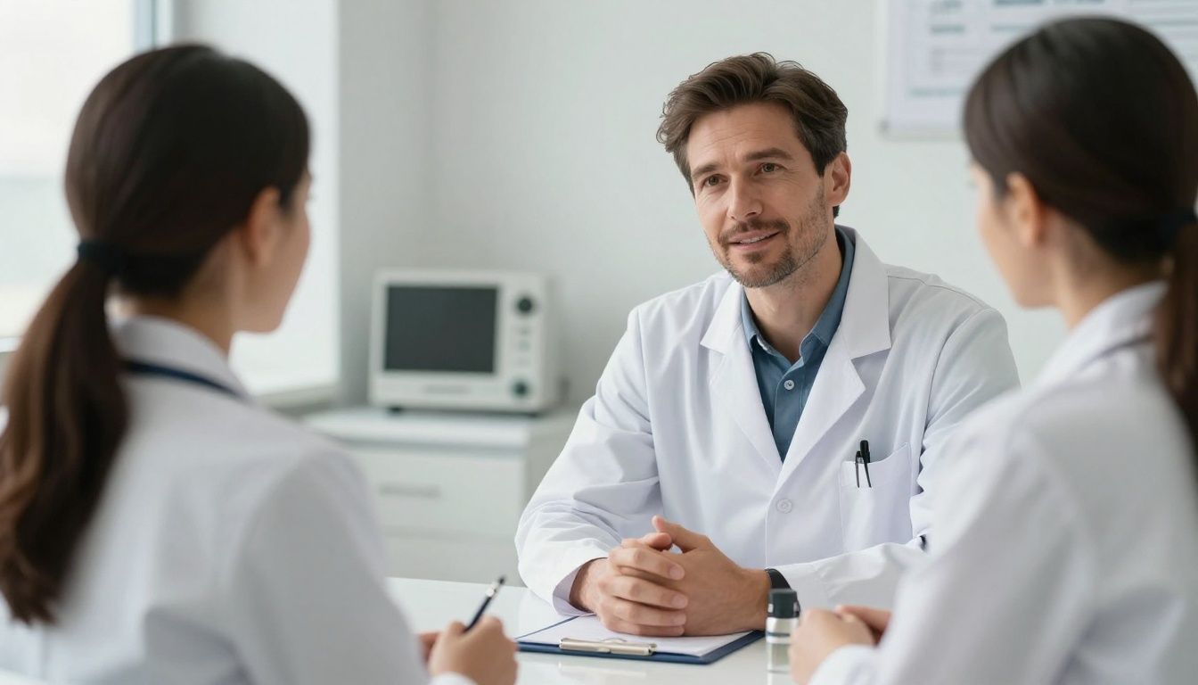 Realistic premium men’s health scene in an upscale clinic: a confident white man in his 40s speaking privately with a professional provider, with subtle lab and wellness elements, sophisticated lighting, natural expressions, and no logos or text.