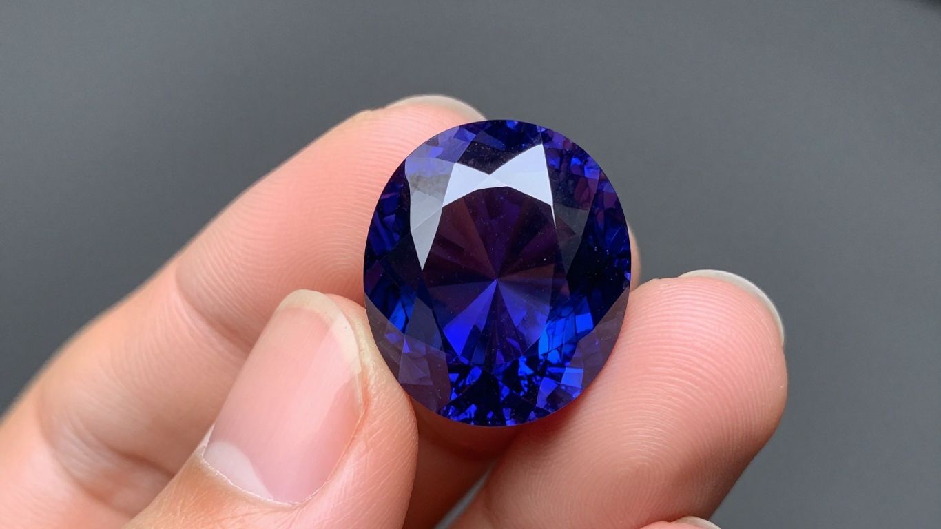 Sparkling gemstone held in a hand, close-up.
