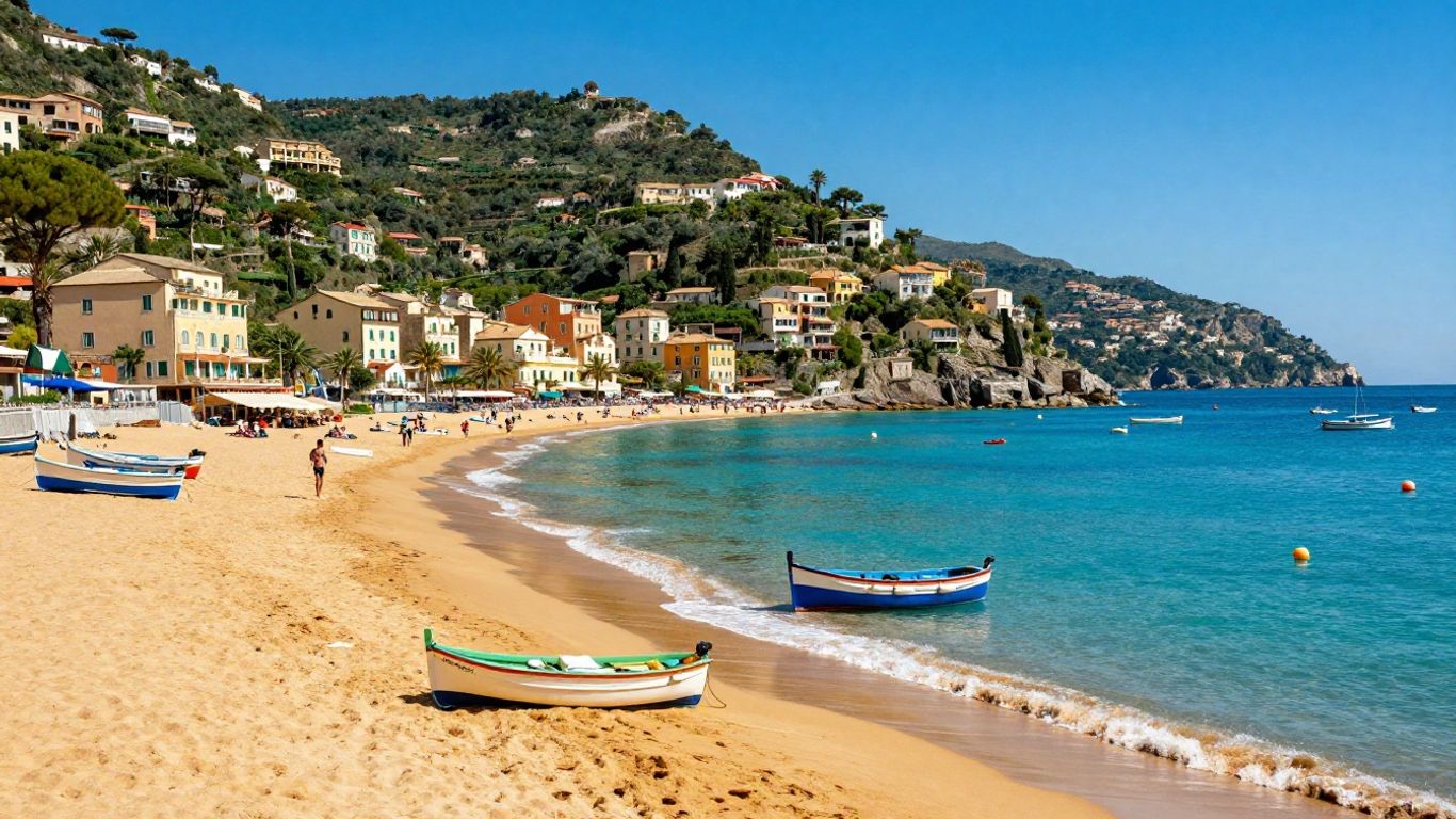 Italian coastline with beaches, towns, and blue water.