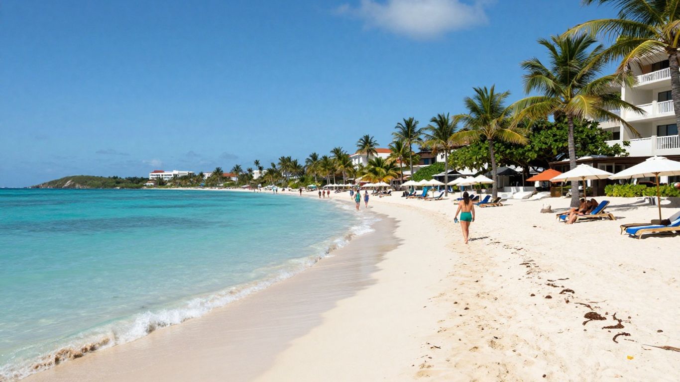 Turquoise resort beach with travelers