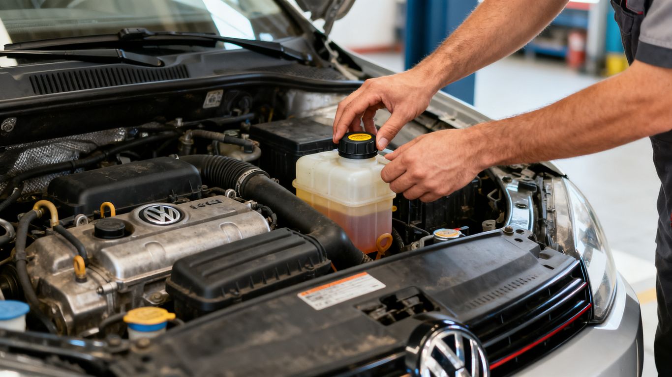 Motorraum eines gebrauchten VW 1.4 TSI bei der Prüfung