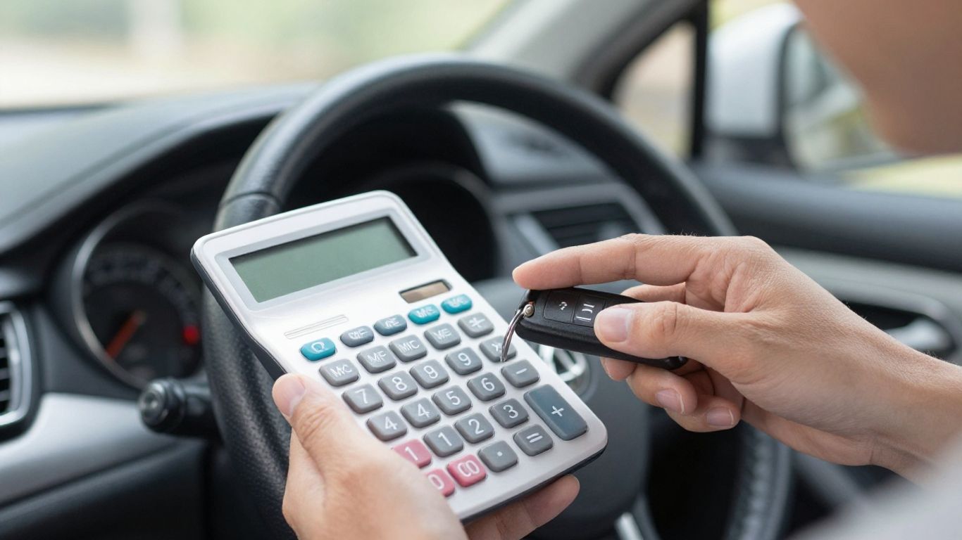 Car keys and calculator with a car in the background.