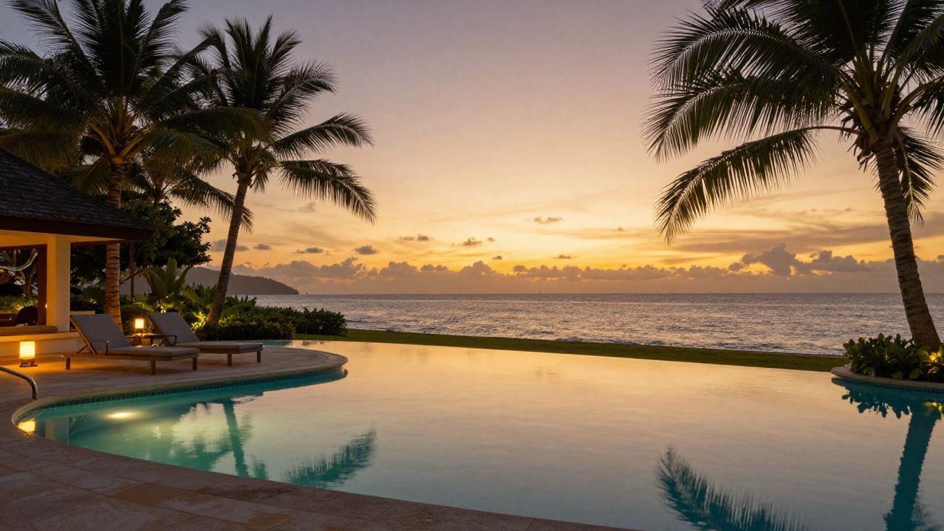 Romantic resort pool at sunset