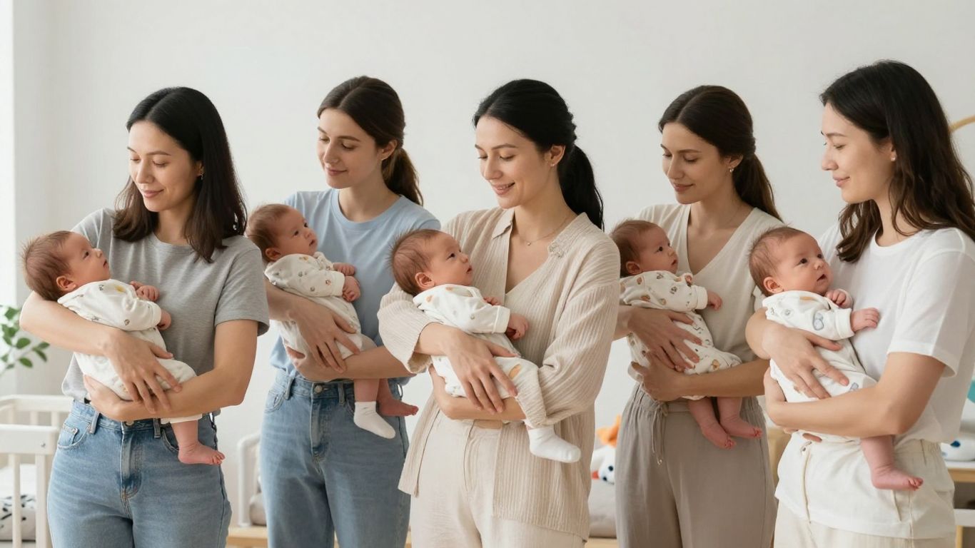 Mothers holding newborns in a nursery.
