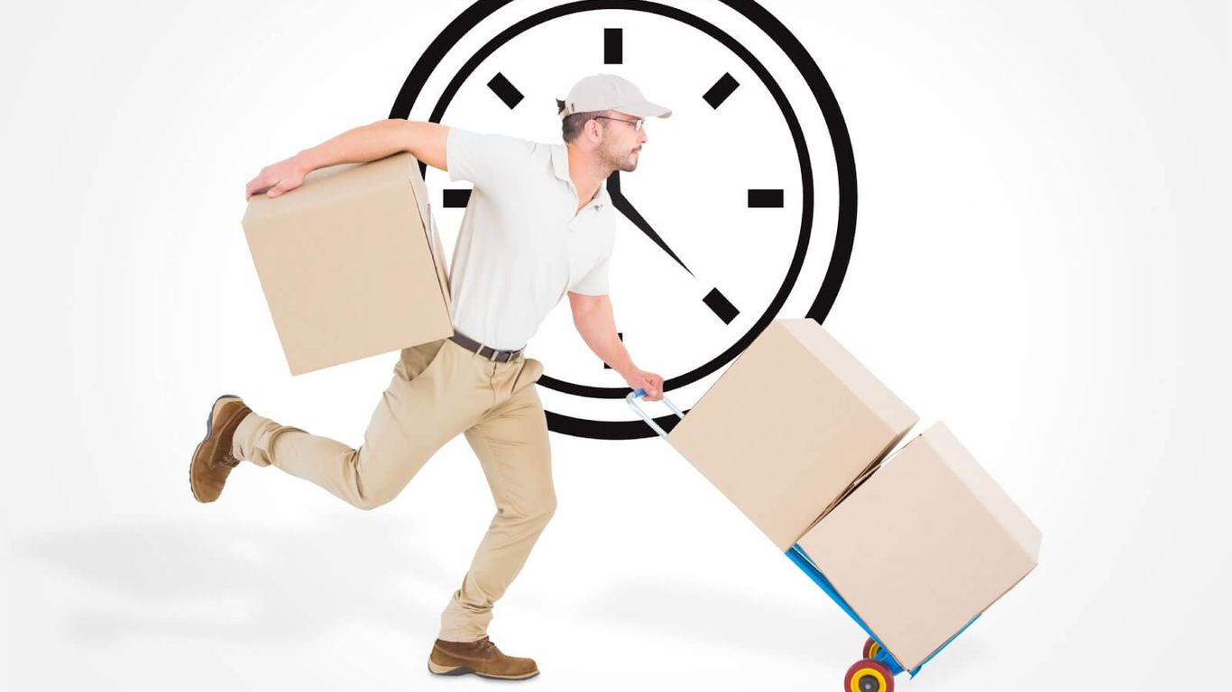 Delivery person rushing with boxes against a clock background.