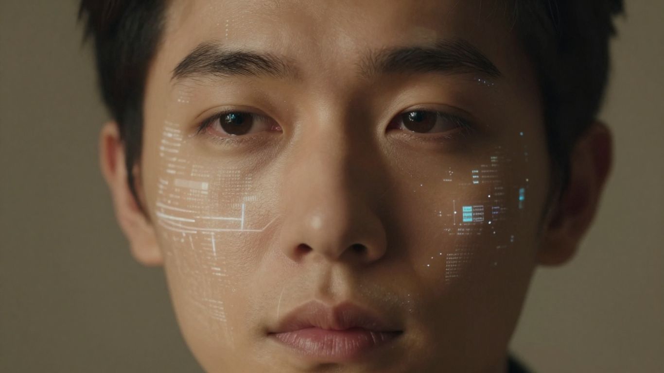 Person with digital patterns on face, AI integration.