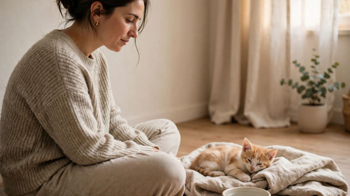 Caregiver reassuring a kitten in a cozy room