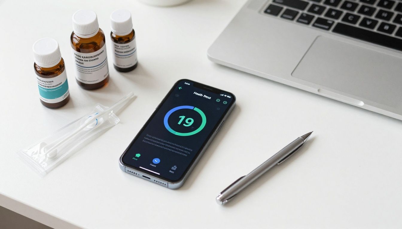 A clean, modern desk setup showing a smartphone with a health-tracking app open next to a organized supply of medical gear for hormone therapy, indicating a sense of control and systematic wellness.