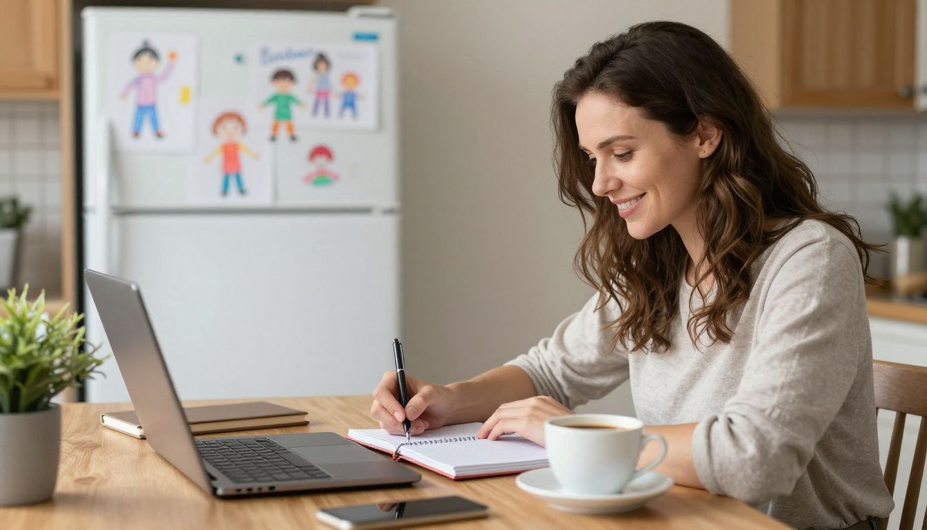 A woman sits at a kitchen table with a laptop and a cup of coffee, smiling as she writes in a journal. The morning light is soft, and her children's drawings are on the refrigerator in the background, blending personal goals with family life.