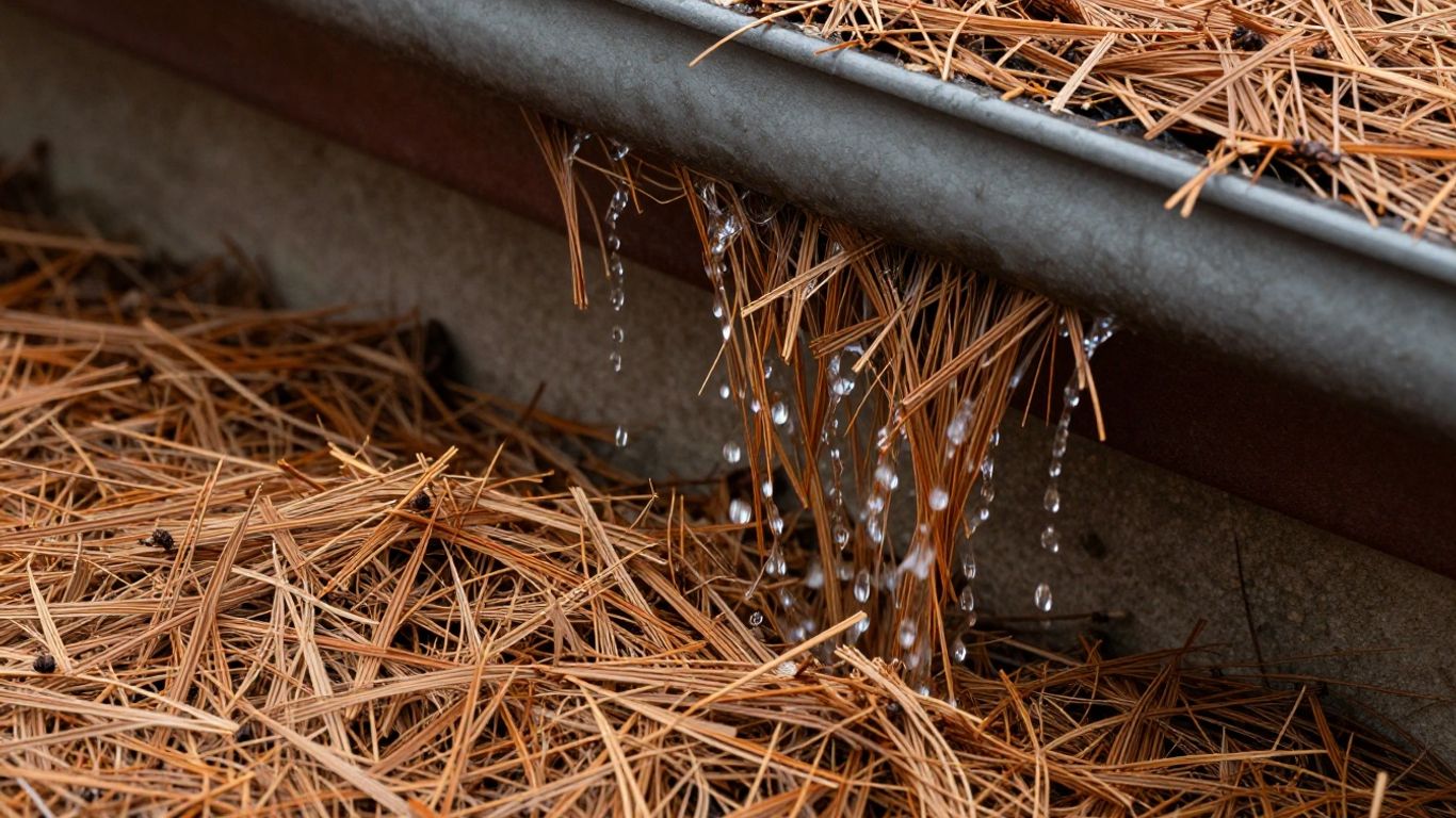 Pine needles clogging a residential gutter system.