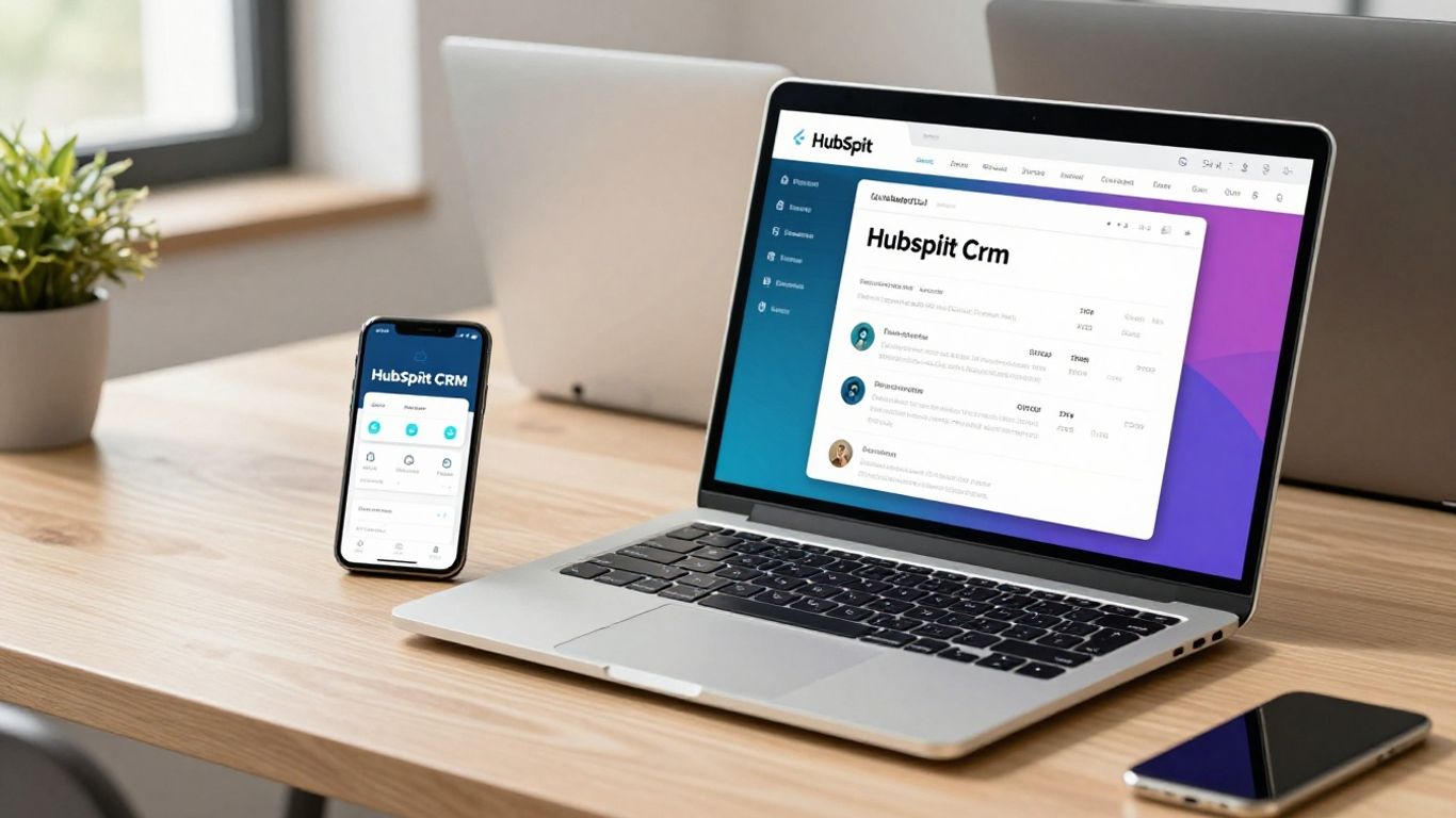 HubSpot CRM app interface on a laptop and smartphone.