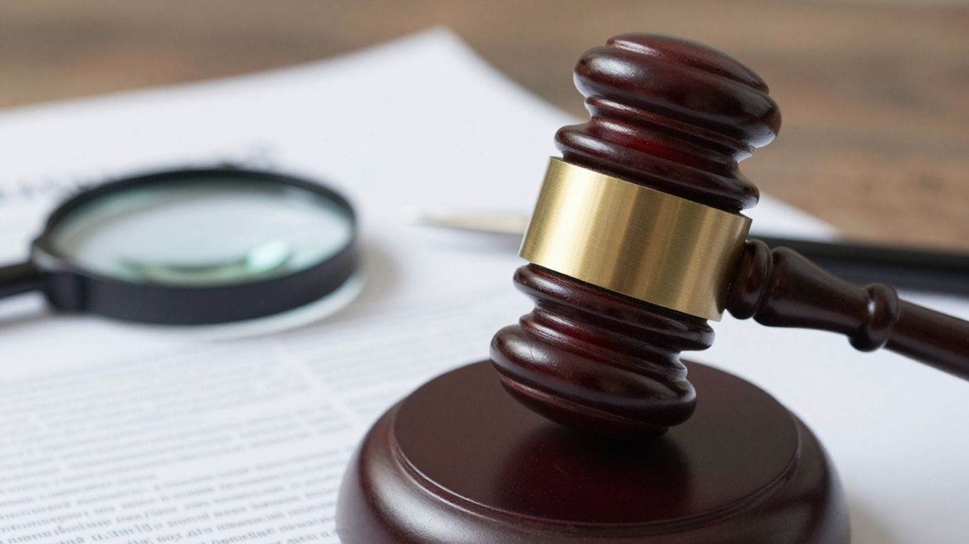 Gavel striking block, documents, magnifying glass.