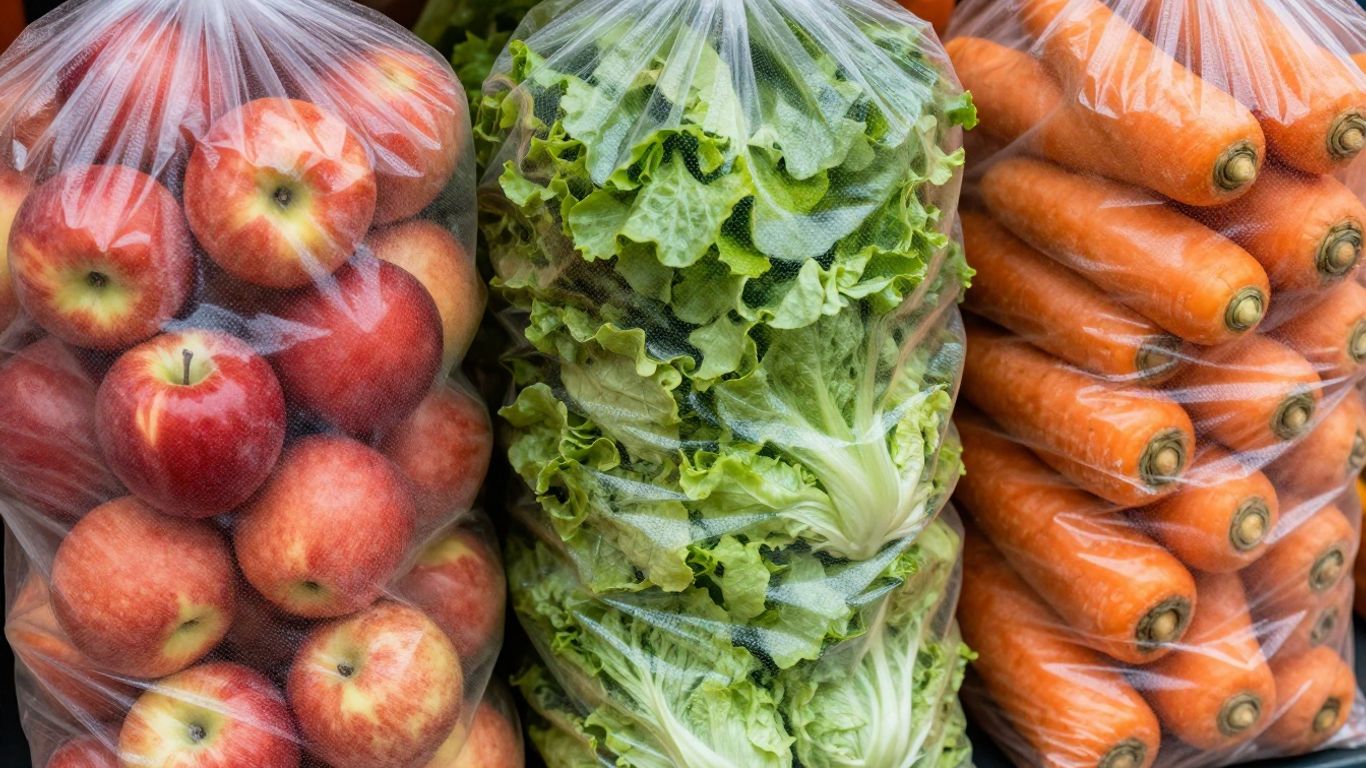 Compostable produce bags filled with fresh fruits and vegetables.