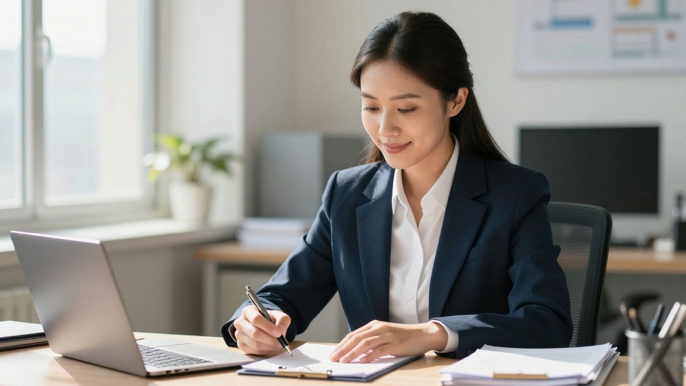 Tax advisor confidently reviewing financial documents at a desk.