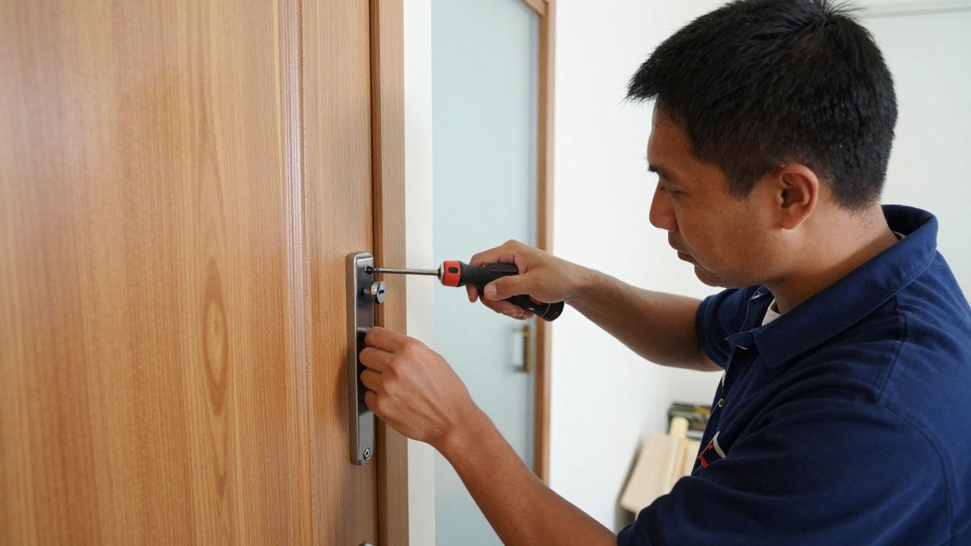 A professional locksmith working on a home door