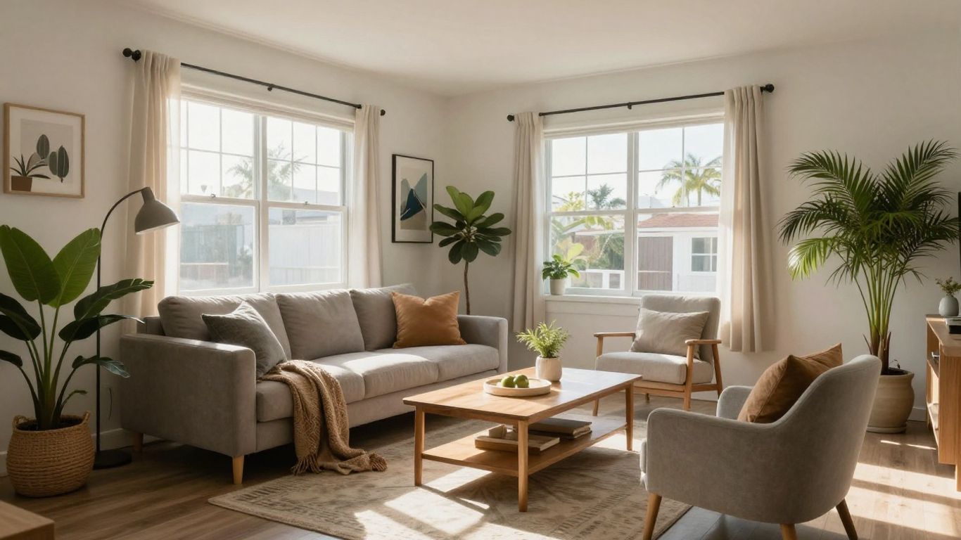 Stylish furniture in a bright San Diego Airbnb living room.