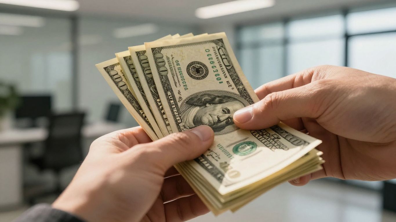 Hand holding money with office building background