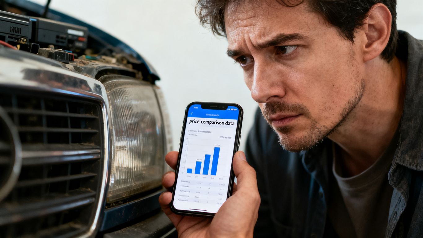 Person checking secondhand item price on phone.