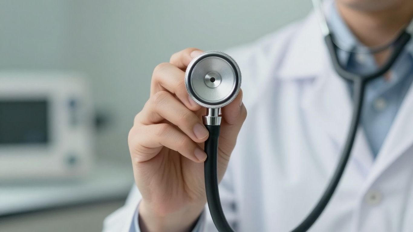 Estetoscopio en mano de doctor, equipo médico.