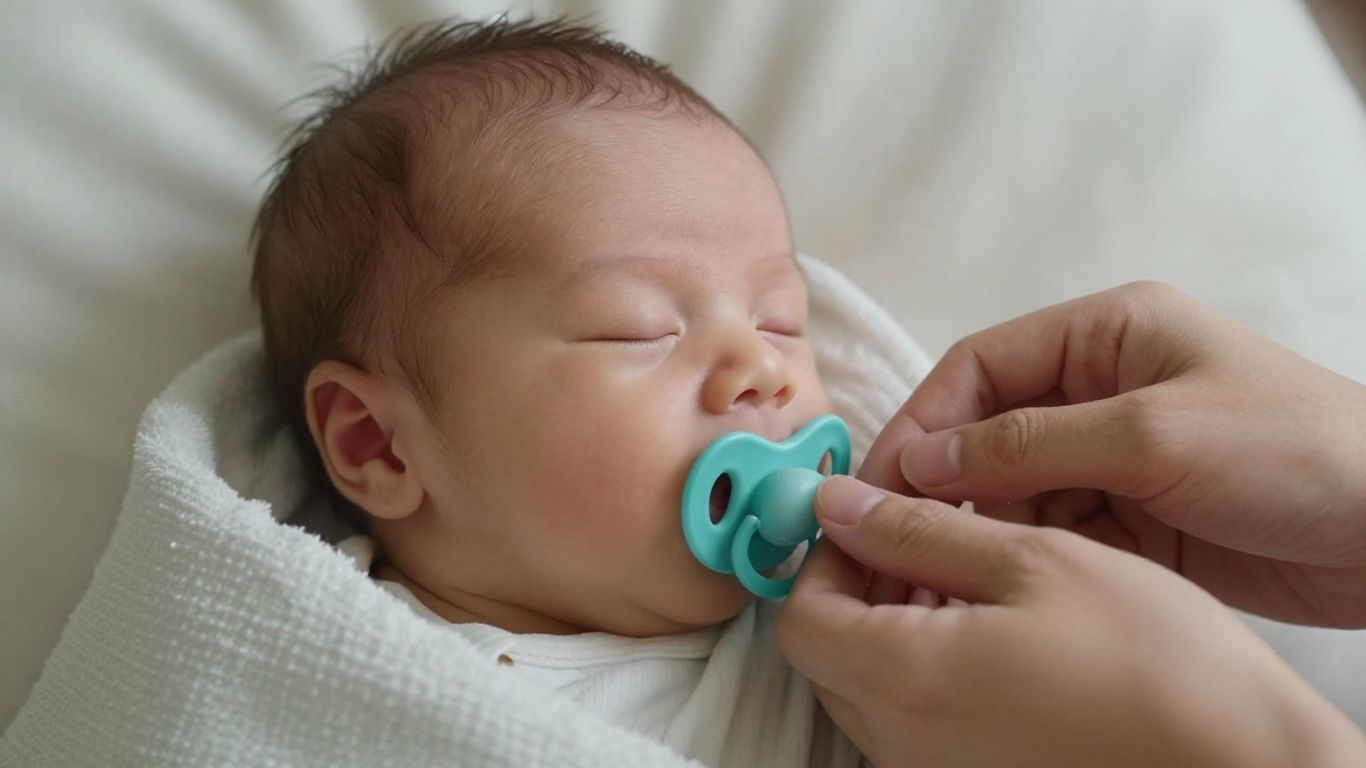 Bebé durmiendo con chupete, manos de padres cerca.