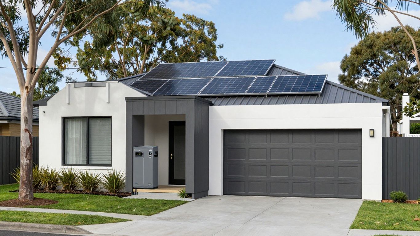 Stacked home battery beside Australian house