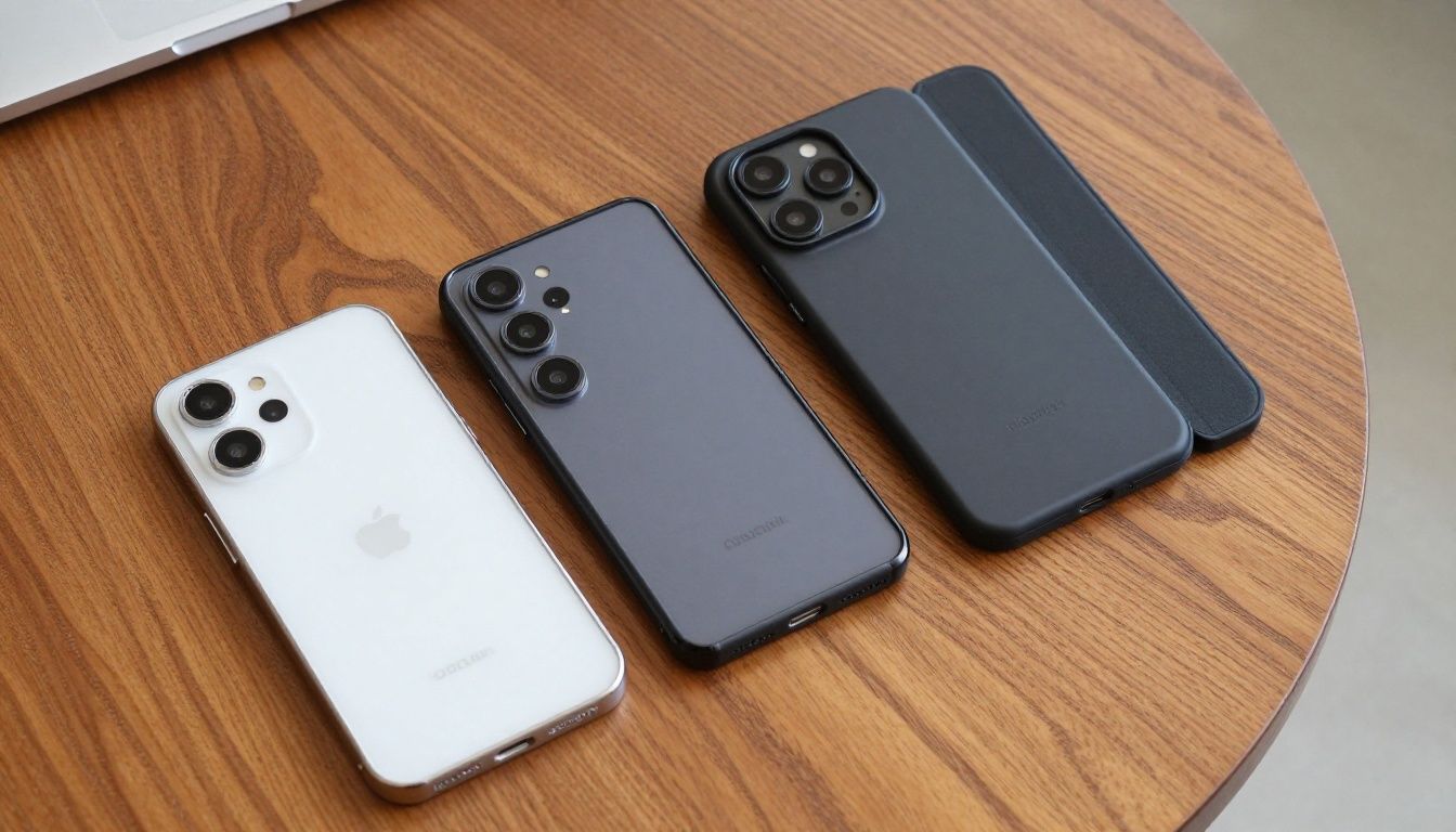 A person choosing between different types of Galaxy S25 cases on a wooden table