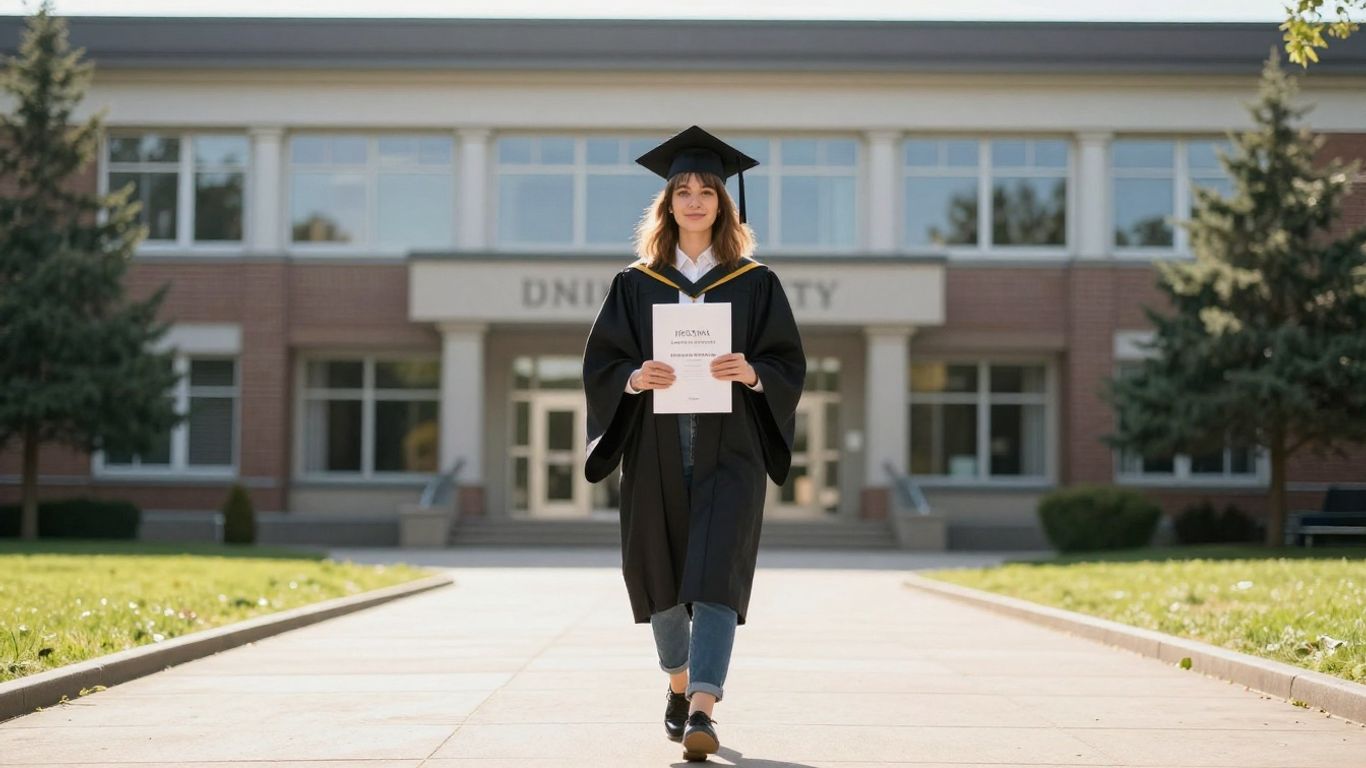 Student walking towards university with diploma