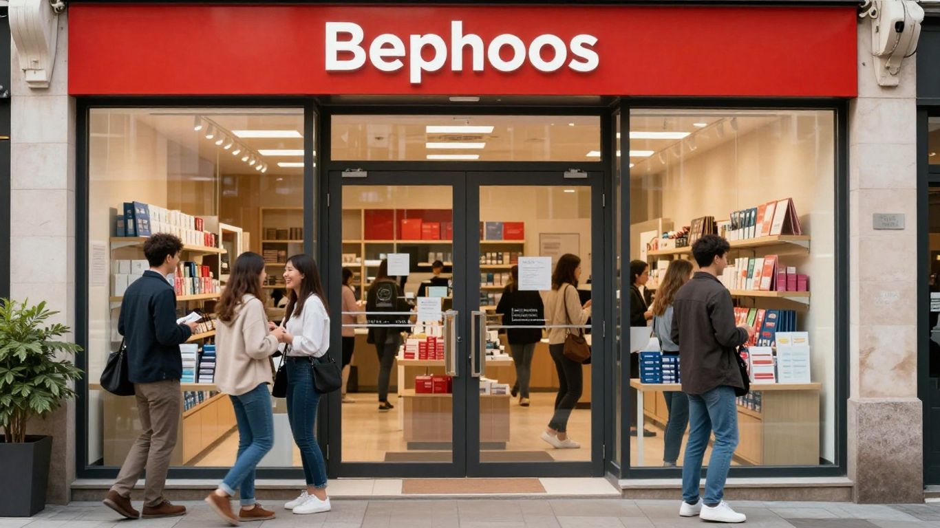 Business storefront with happy customers and appealing visuals.