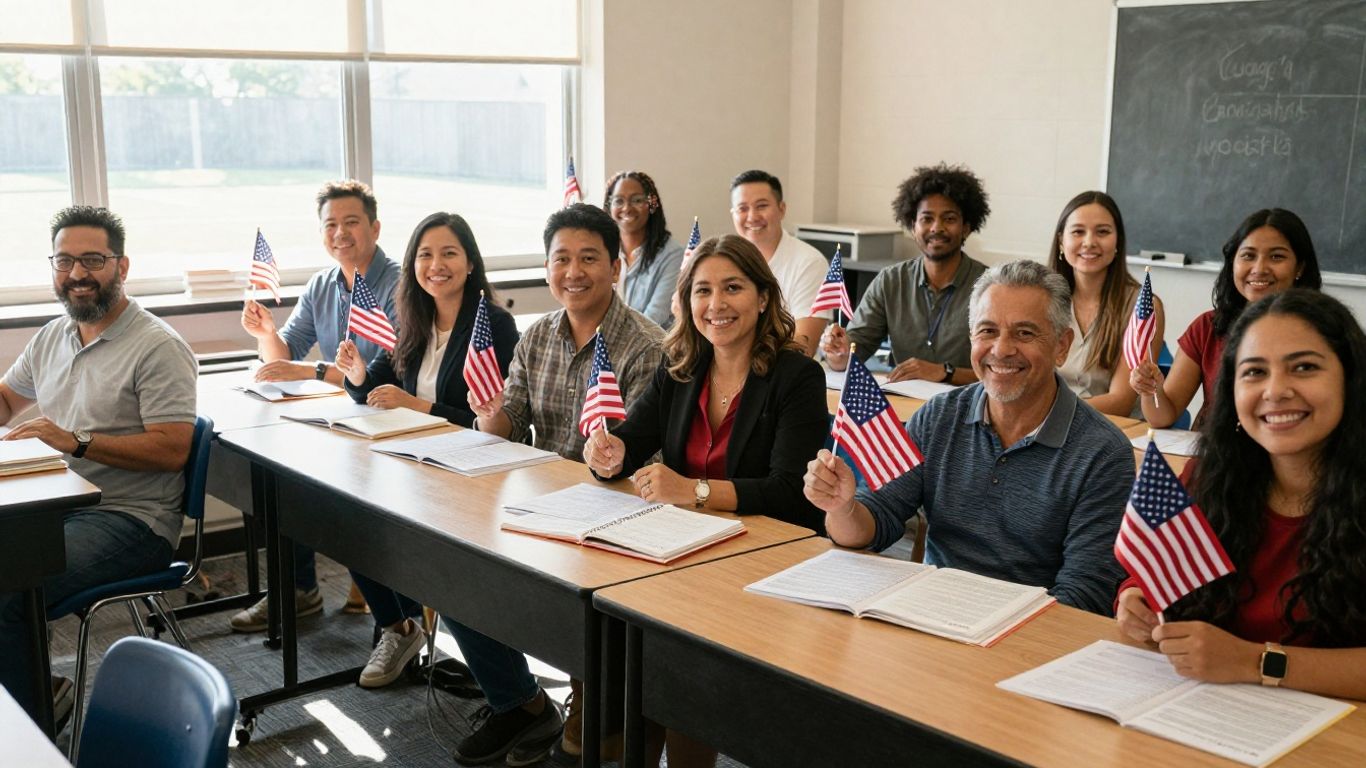 People studying for American citizenship in a classroom.