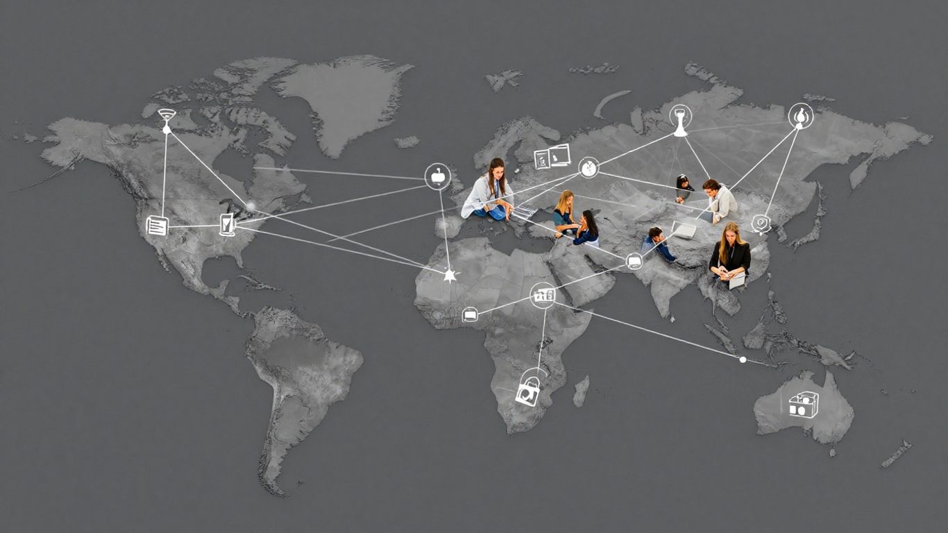 Mapa global con productos y personas interactuando.
