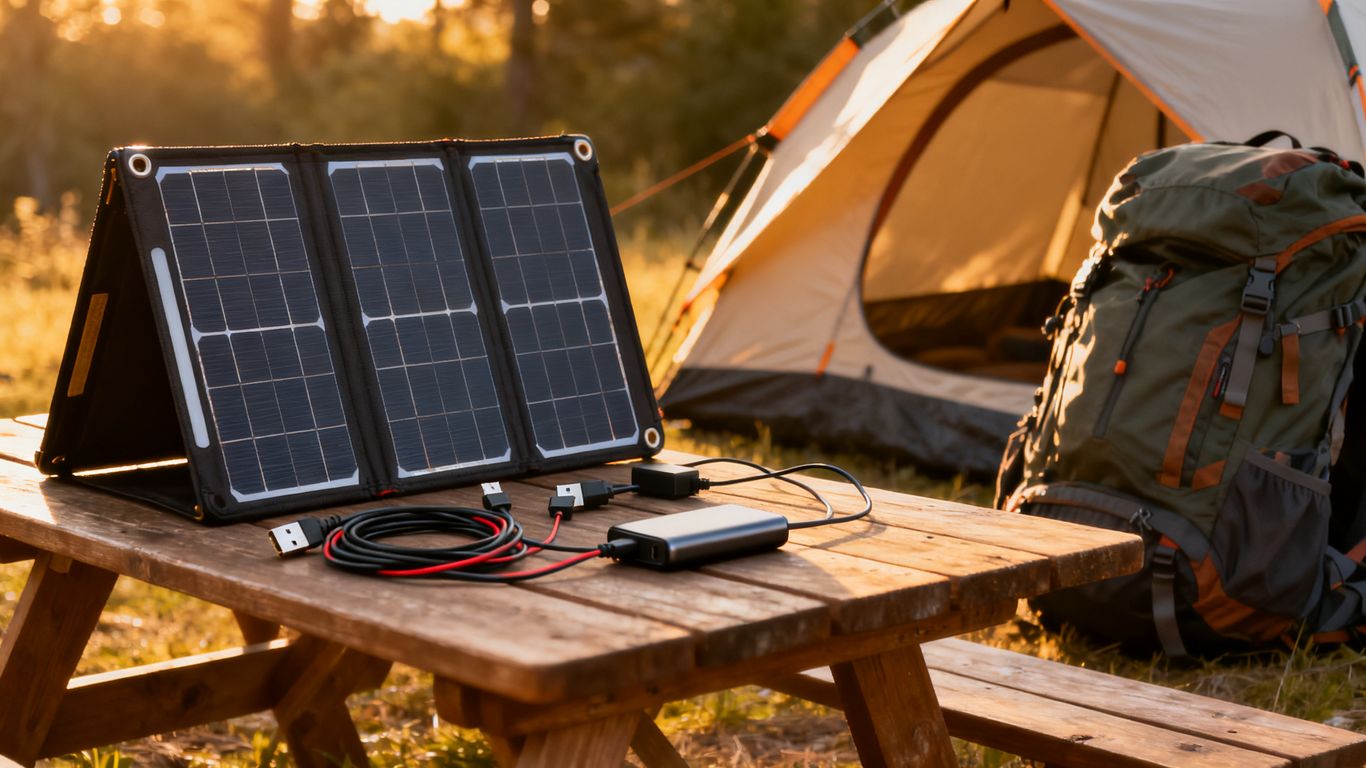 Panneau solaire pliable posé sur une table de camping