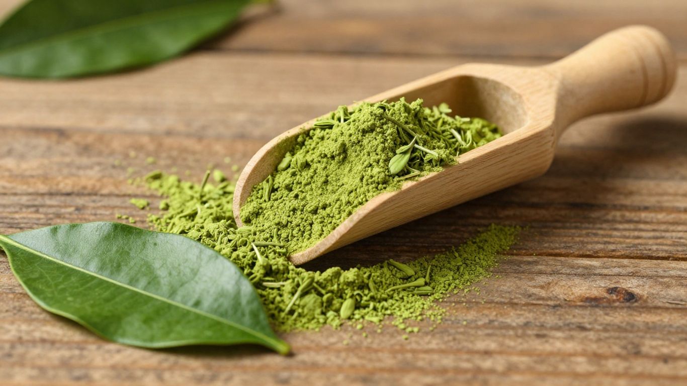 Vibrant green matcha powder and tea leaves on a wooden surface.