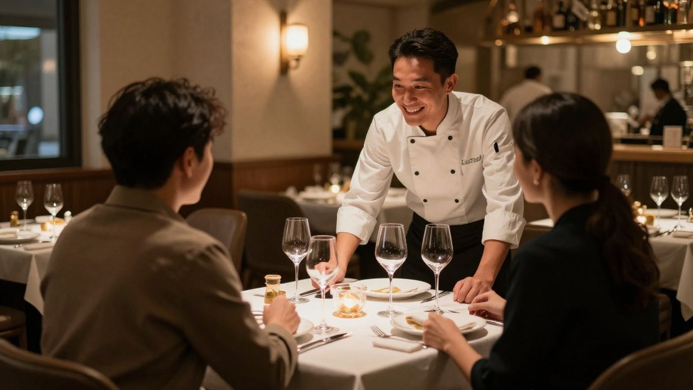 Restaurant avec chef souriant et client satisfait.