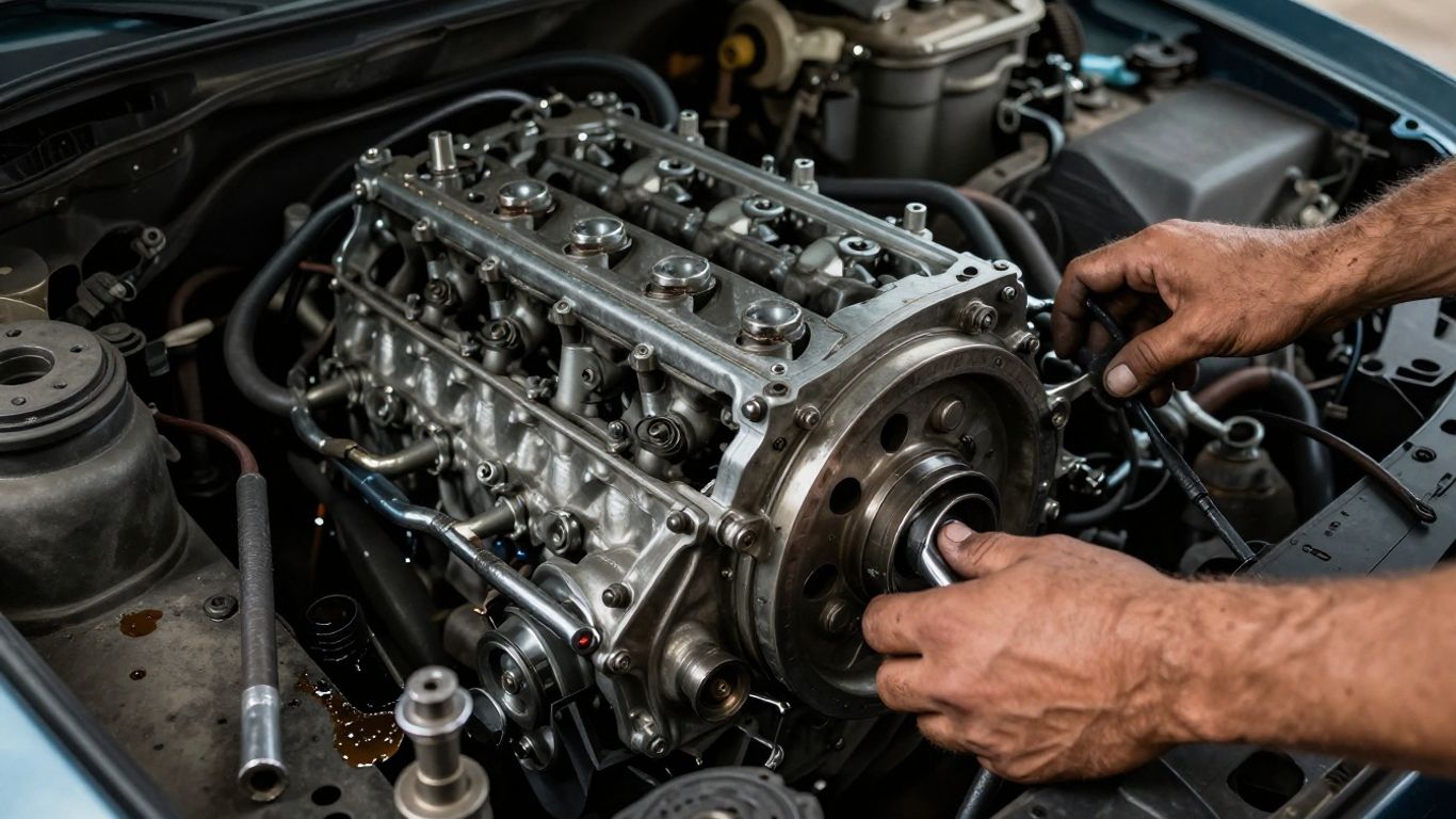 Mechaniker repariert Auto Motor mit Werkzeugen.