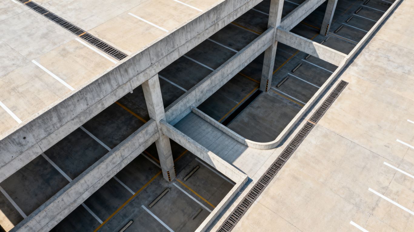 Aerial view of concrete garage inspection areas