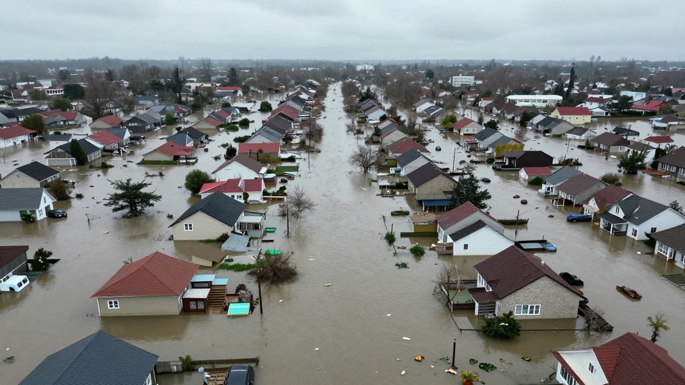 Inondation dévastatrice dans une ville, maisons submergées.