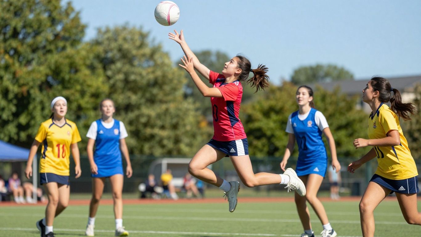 Netball players in action on a sunny court.