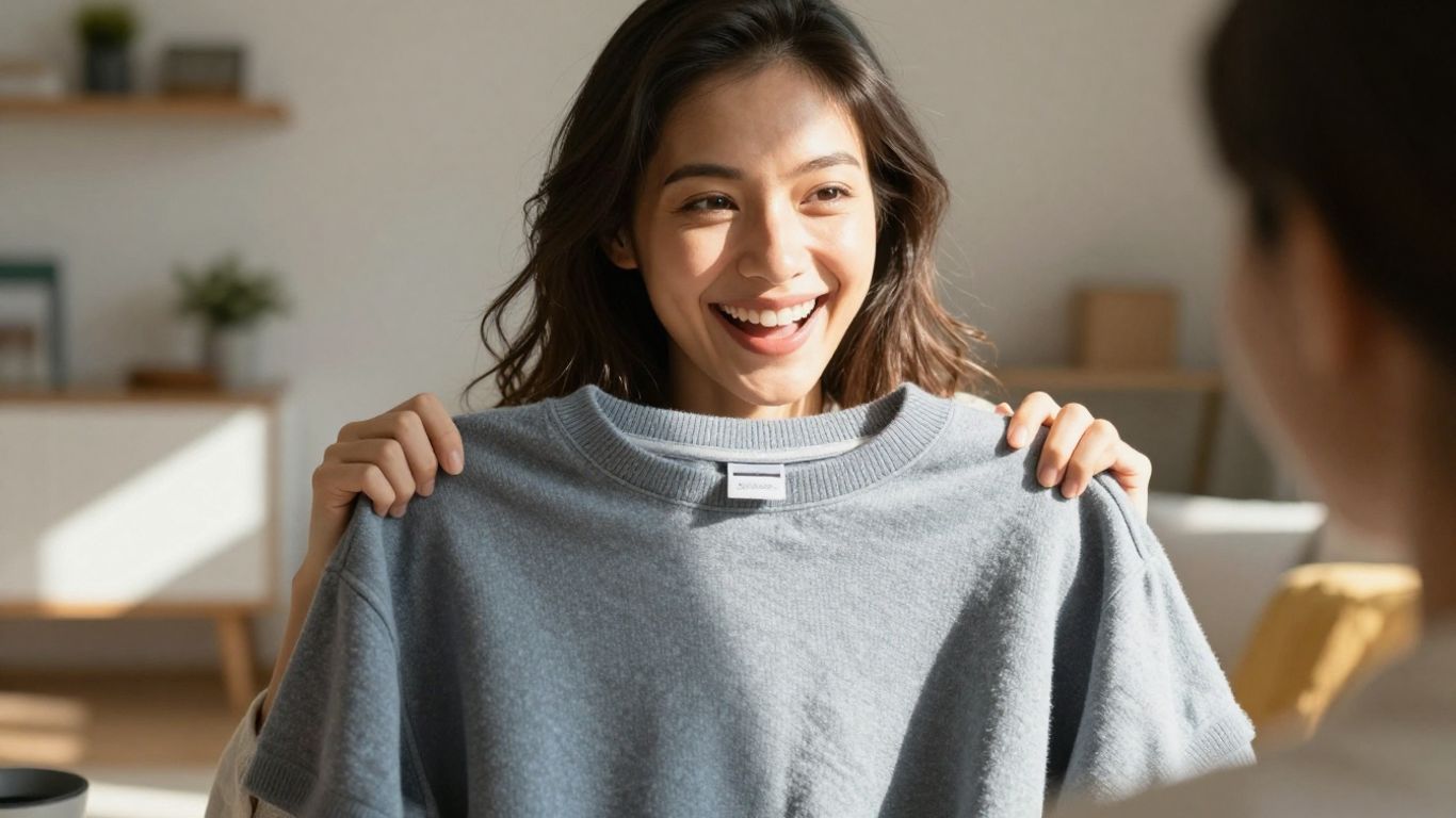 Happy person unboxing a Vinted purchase.
