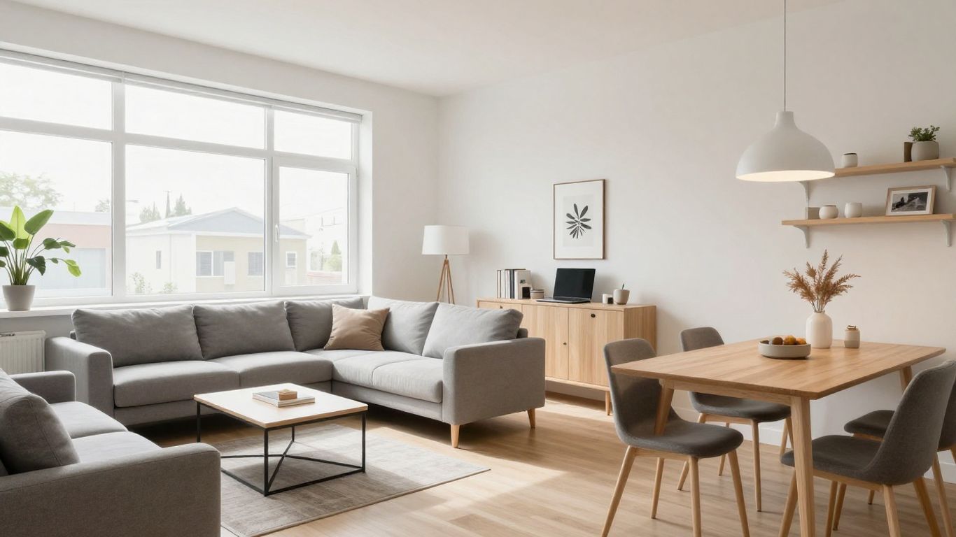 Small studio apartment with defined living and dining zones.